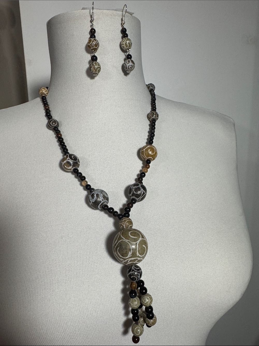 Handcrafted Black and Brown Stone Pendant Necklace & Earring Set
